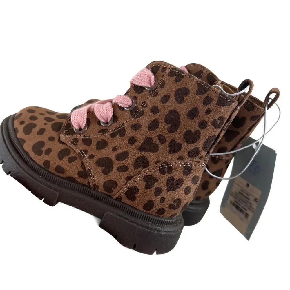 Cat & Jack Brown Leopard Print Kids Boots with Pink Laces